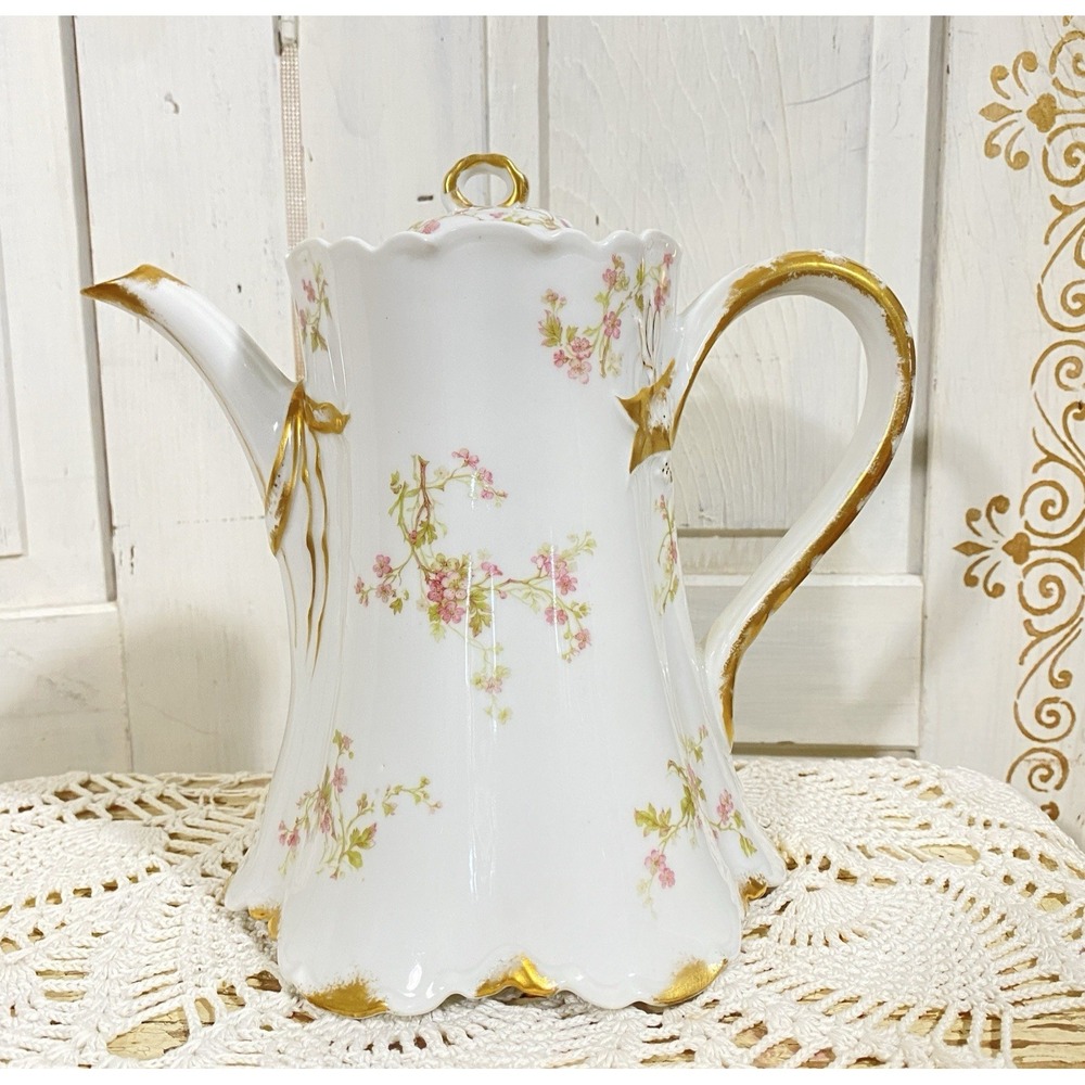 Antique Haviland Limoges Pink Floral Coffee Tea Choco Pot Gold Gilt Victorian